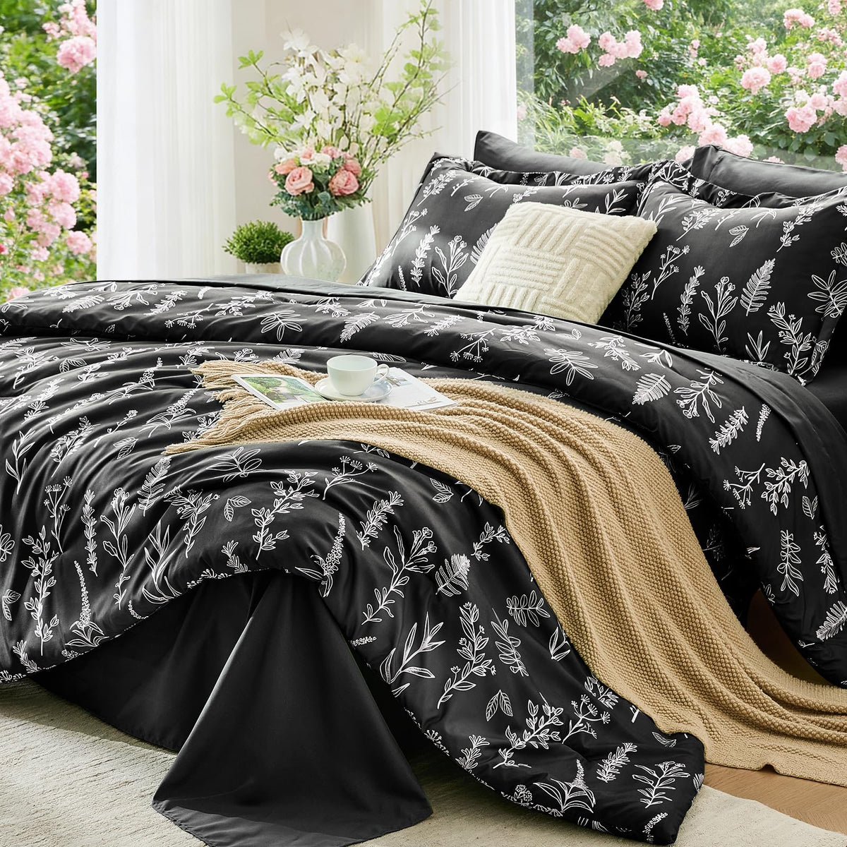 MUXHOMO Queen Comforter Set 7 Pieces, Sage Green Bed in a Bag Queen Reversible Botanical Flowers Design, Ultra Soft & Breathable Bedding Sets with Comforter, Sheets, Pillowcases & Shams