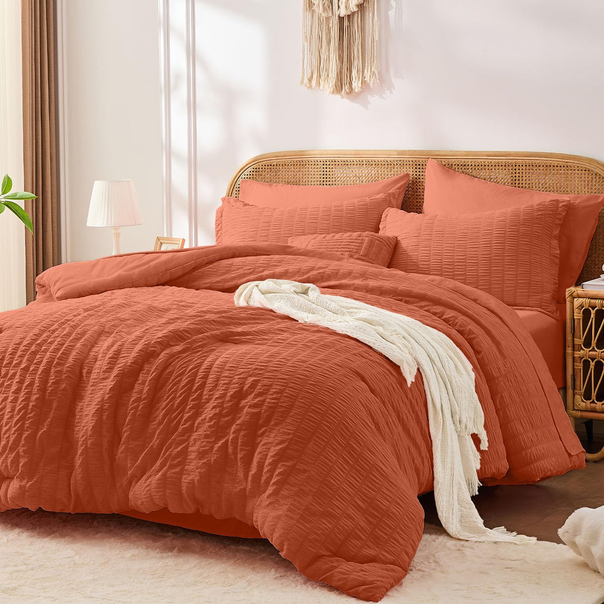 FUANNA Queen Comforter Set 7 Pieces, Pink Bed Set, Seersucker Bed in a Bag