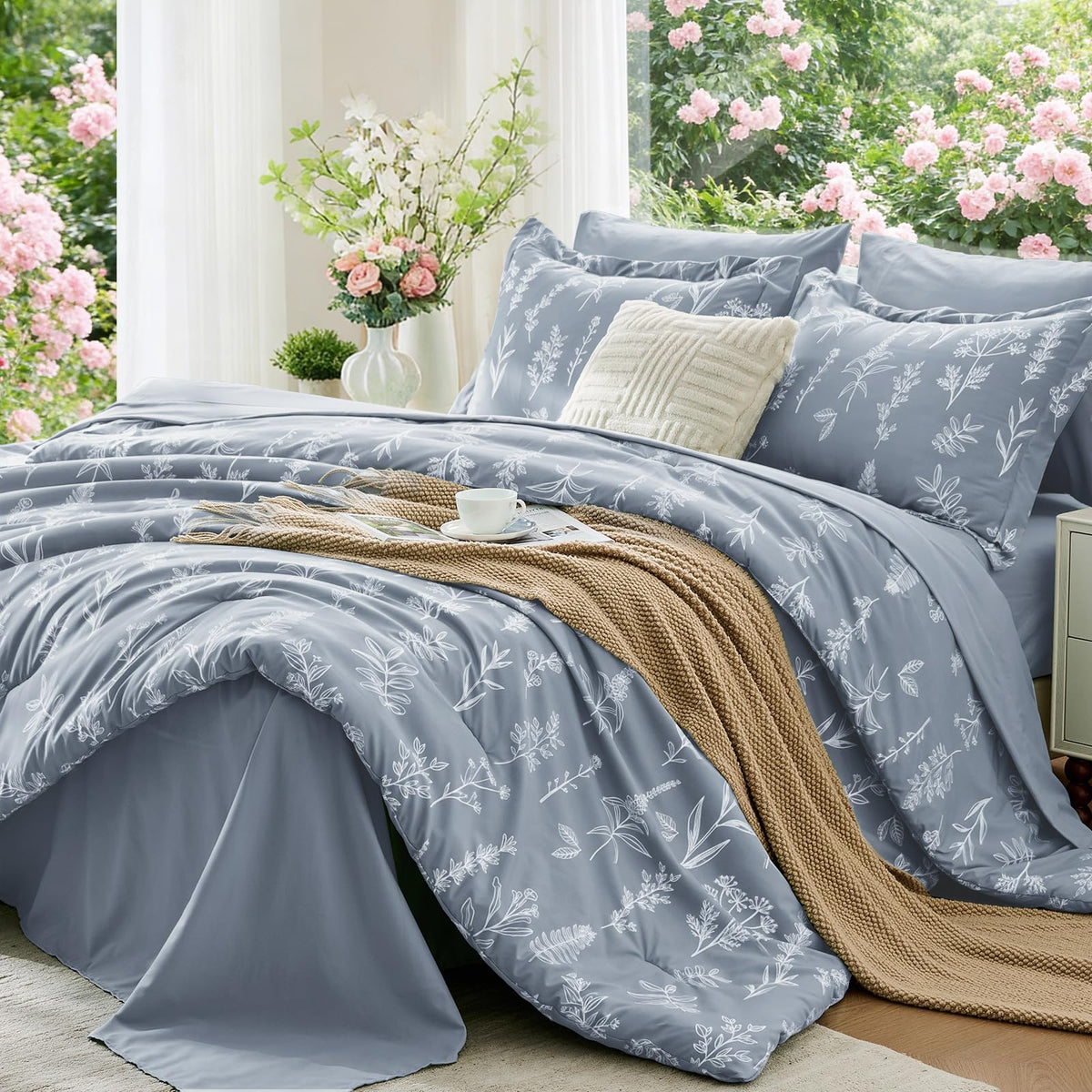 MUXHOMO Queen Comforter Set 7 Pieces, Sage Green Bed in a Bag Queen Reversible Botanical Flowers Design, Ultra Soft & Breathable Bedding Sets with Comforter, Sheets, Pillowcases & Shams