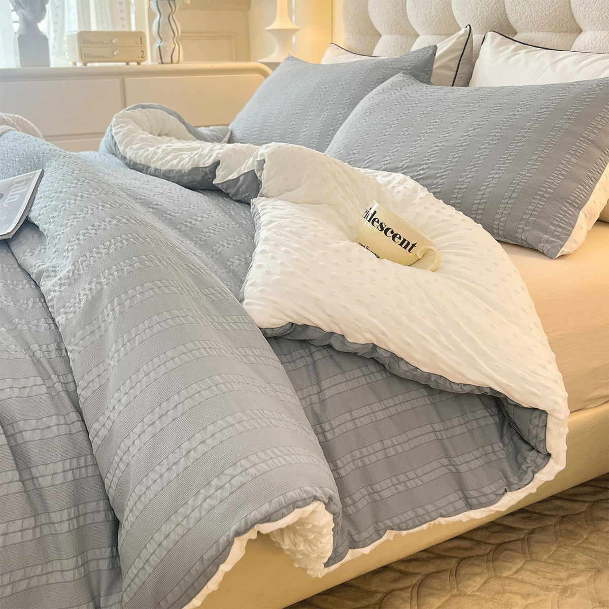 tohrisa Boho Comforter Set Full Size Striped Pleats Bohemian Seersucker Bedding Set All Season Soft Cozy 3 Pieces Quilt with 2 Pillowcases(80"X90" Light Blue)