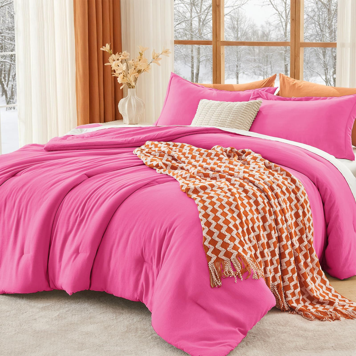 MUXHOMO Queen Size Comforter Set Beige, 3 Piece Solid Bedding for All Seasons, Warm Down Alternative Bed Set Includes 1 Lightweight Comforter (90"x90") and 2 Pillowshams (20"x26")
