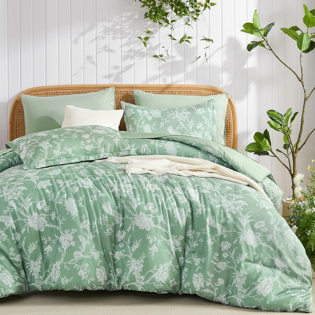 Luxudecor Sage Green Floral Queen Comforter Set, 7 Pieces Bed in a Bag