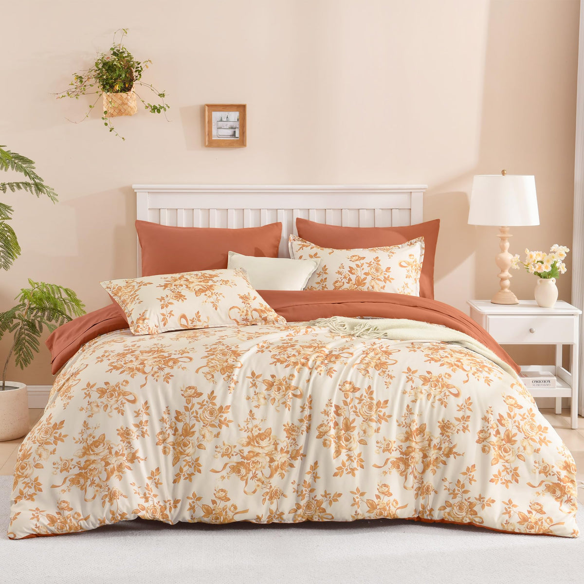 Andency Floral Comforter Queen Set, 7 Pieces Green Rose Flower Bedding Set