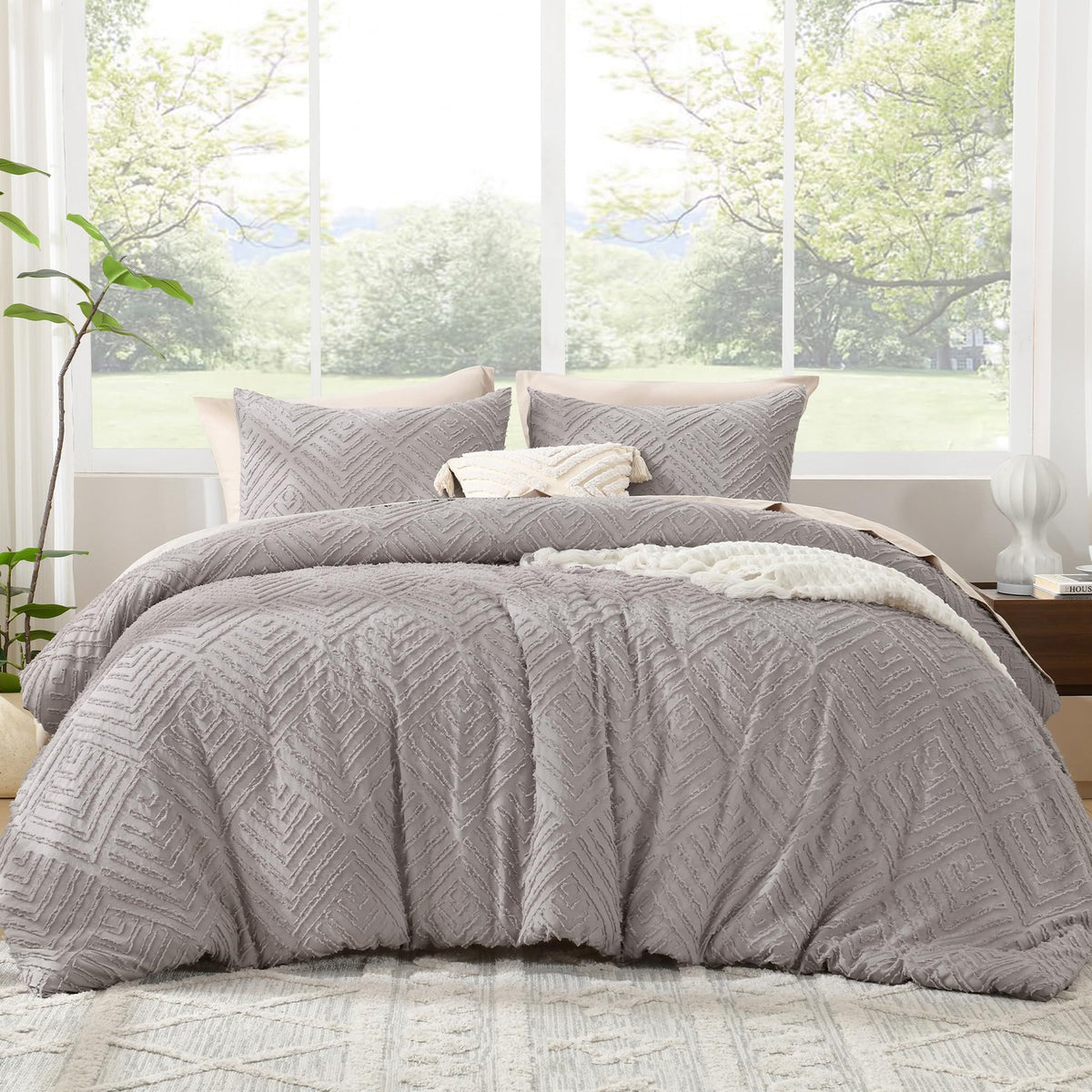 Litanika California King Comforter Set, 3 Pcs Beige Tufted Boho Bedding Set