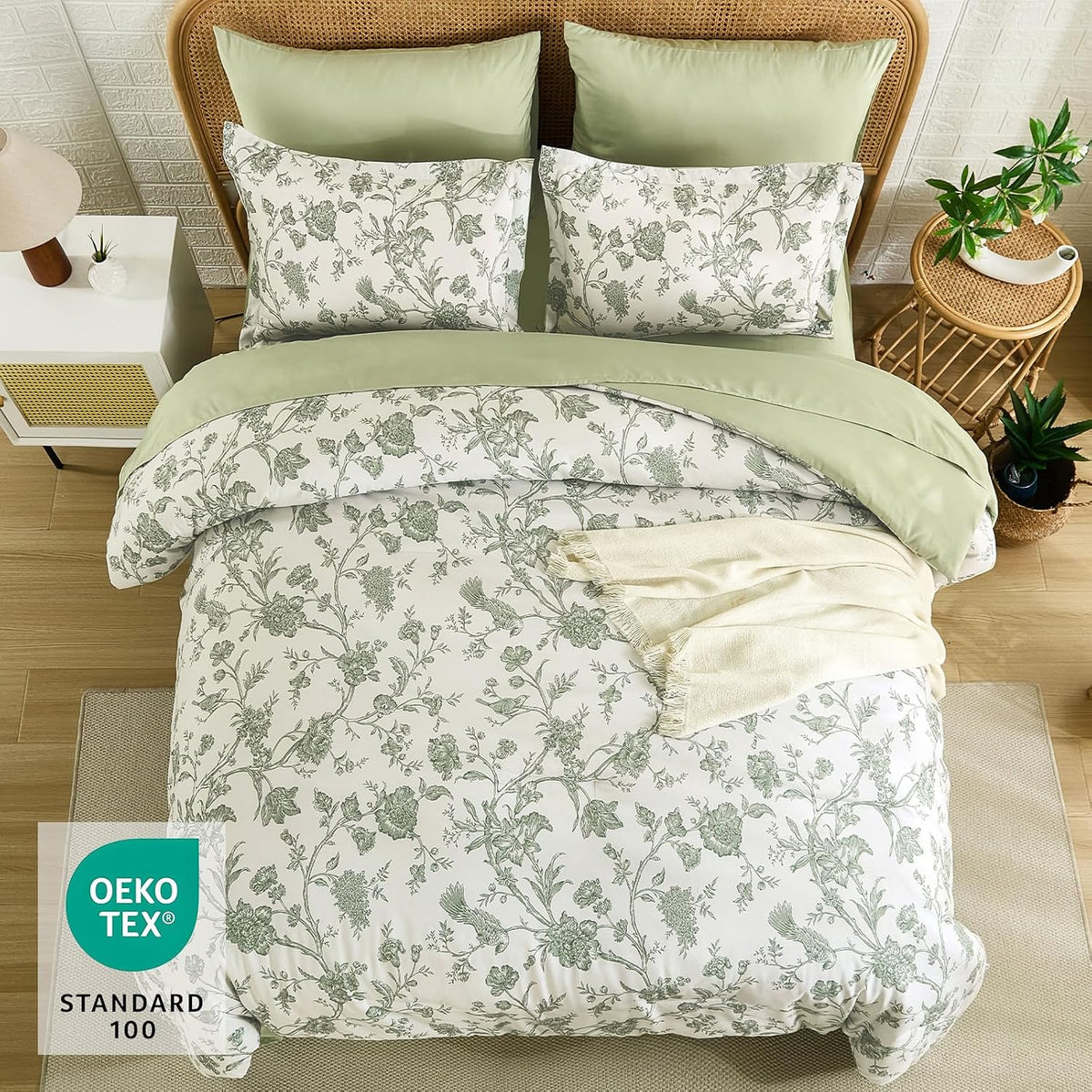 Luxudecor Sage Green Floral Queen Comforter Set, 7 Pieces Bed in a Bag