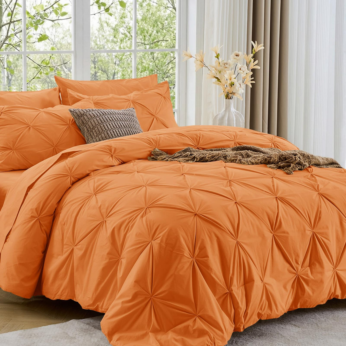 Sasttie Queen Comforter Set, 7-Piece Bed in a Bag, Pintuck Bedding Sets for All Season, Includes Comforter, Flat Sheet, Fitted Sheet, Pillowcases and Pillowshams, Beige