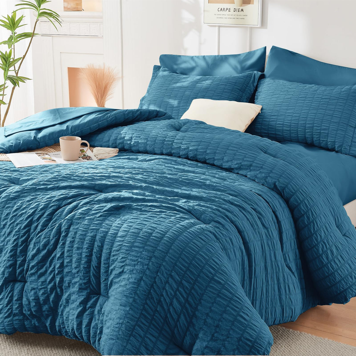 HYMOKEGE Queen Comforter Set Seersucker 7 Pieces, All Season Luxury Bed in a Bag for Bedroom, Bedding Set with Comforters, Sheets, Pillowcases & Shams, Dark Grey