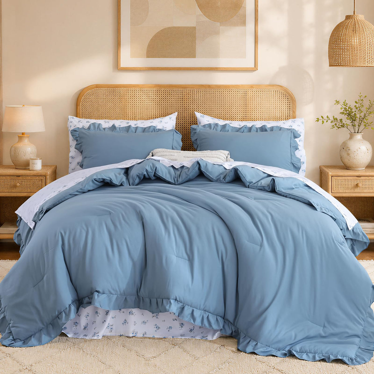 JANZAA Ruffle Queen Comforter Set with Floral Sheets 7 Pieces Cream White