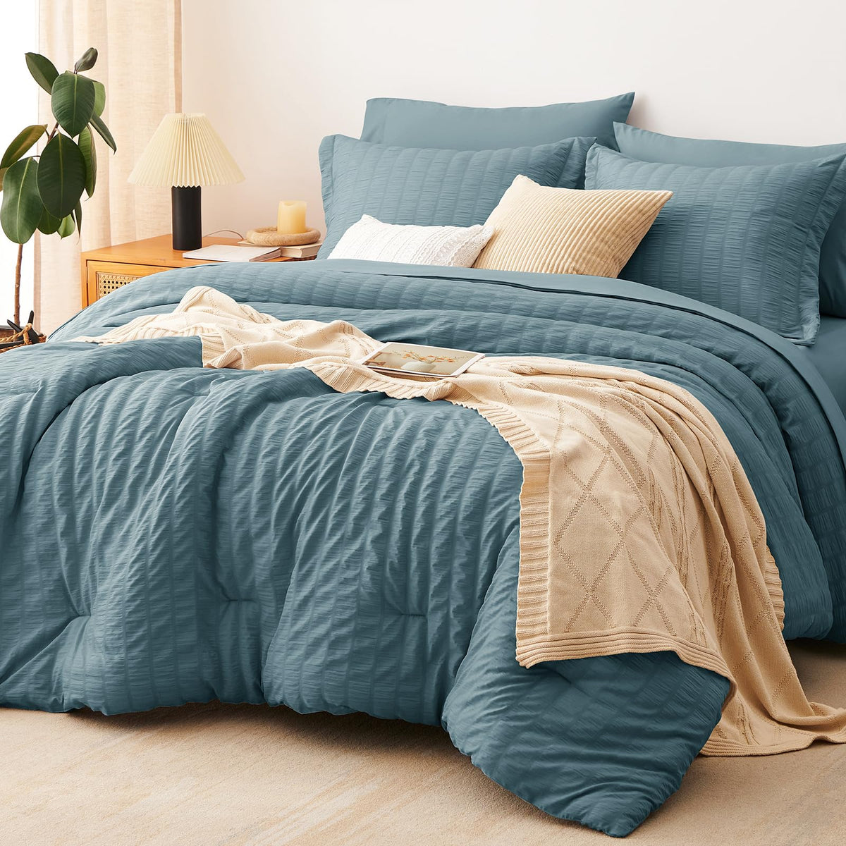 CozyLux Queen Comforter Set, 7 Pieces White Seersucker Bed in a Bag