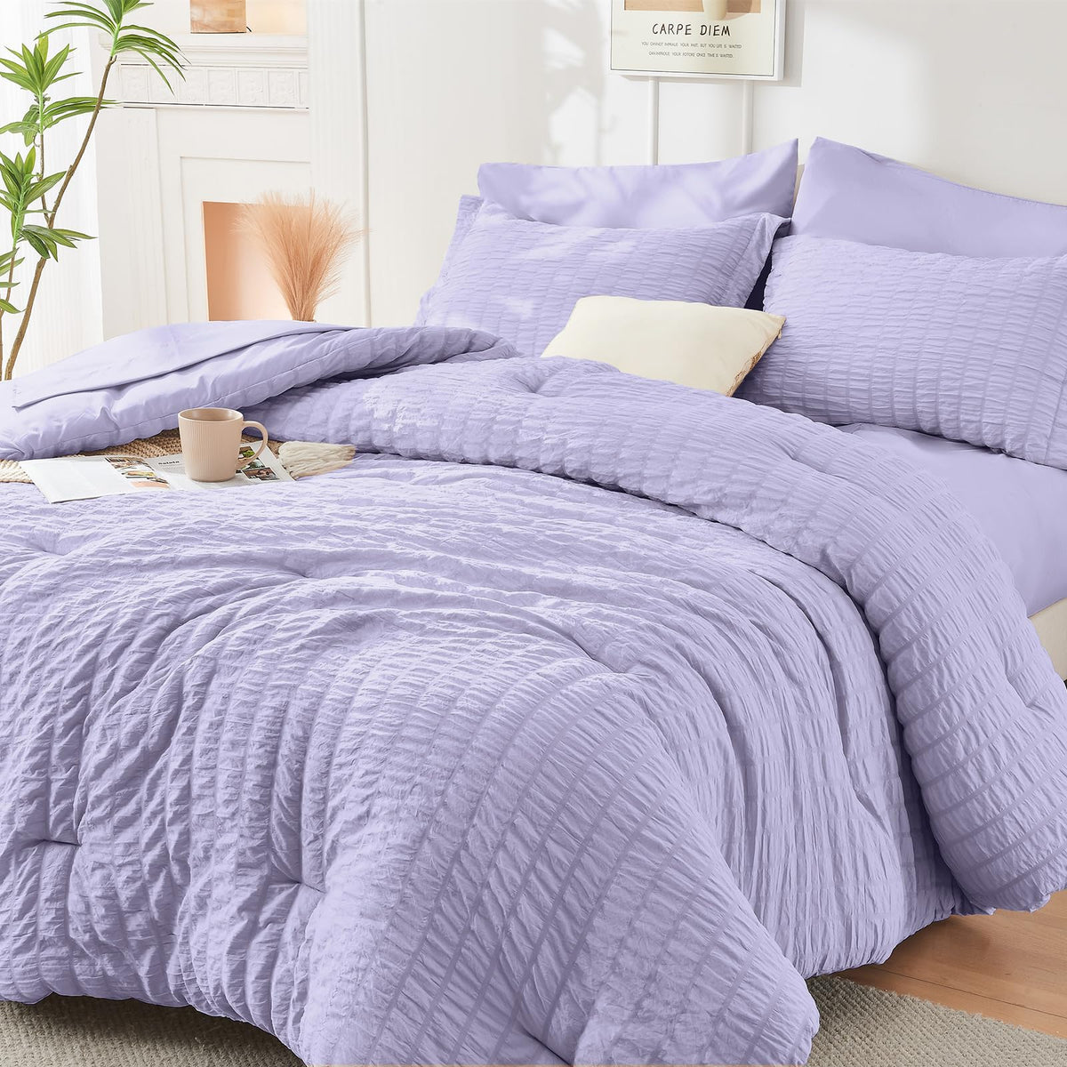 HYMOKEGE Queen Comforter Set Seersucker 7 Pieces, All Season Luxury Bed in a Bag for Bedroom, Bedding Set with Comforters, Sheets, Pillowcases & Shams, Dark Grey