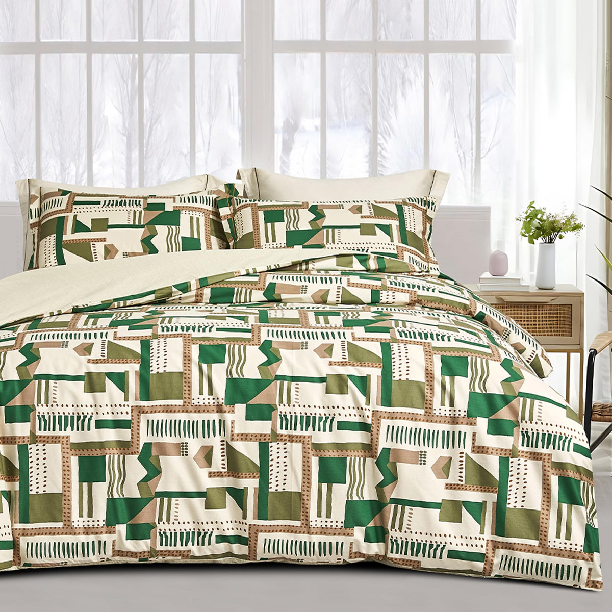 SLEEPBELLA Comforter Queen Size, 600 Thread Count Cotton Brown Branches and Blue Flowers Off-White Comforter Sets, Down Alternative Bedding Set 3Pcs(Queen, Off-White Botanical)