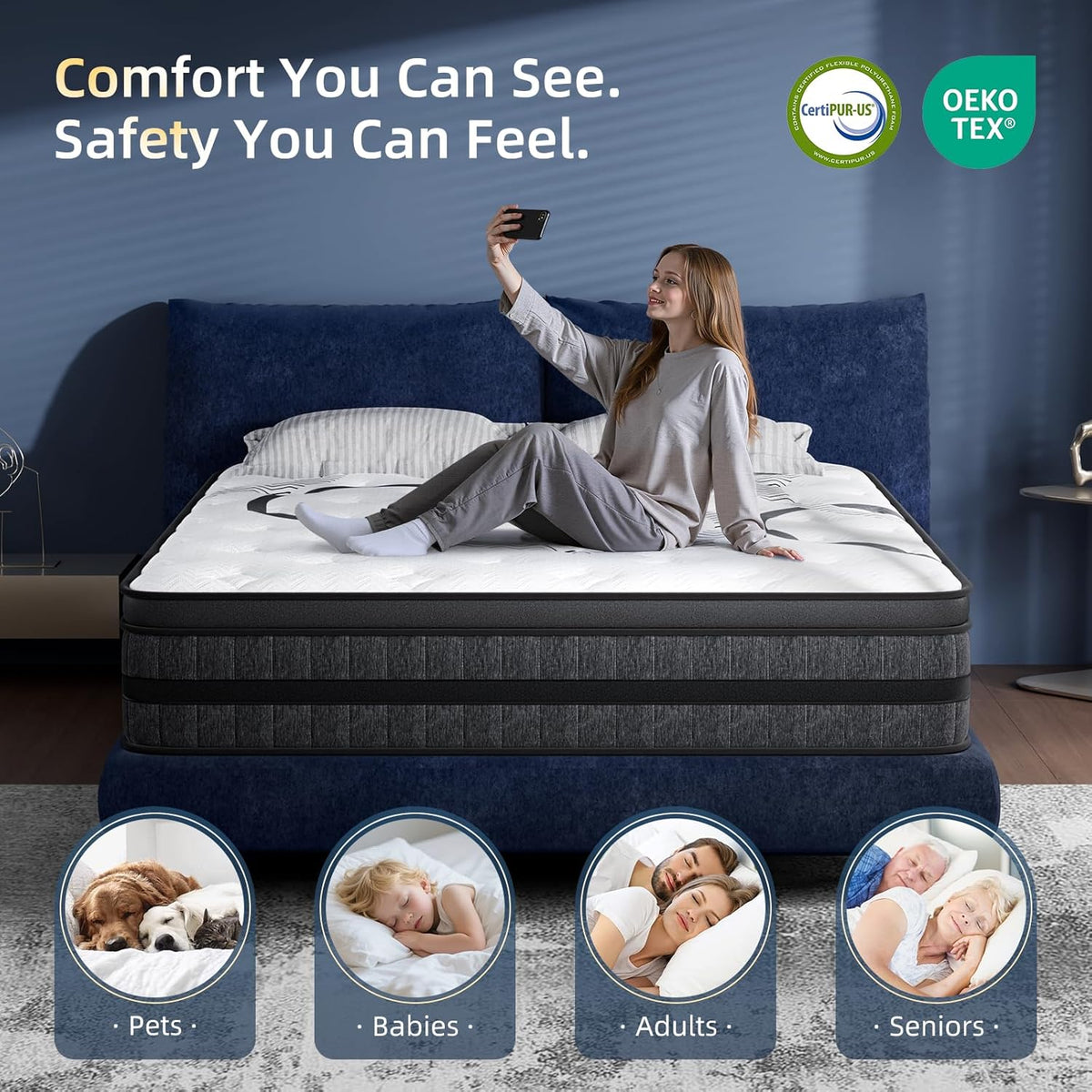 King Size Mattress, 14 Inch Hybrid King Mattress in a Box, Medium Firm, Memory Foam & Pocketed Springs, Pressure Relief, CertiPUR-US Certified& Fiberglass Free, Motion Isolation, 365-Night Trial