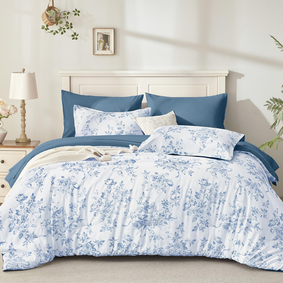 Andency Floral Comforter Queen Set, 7 Pieces Green Rose Flower Bedding Set