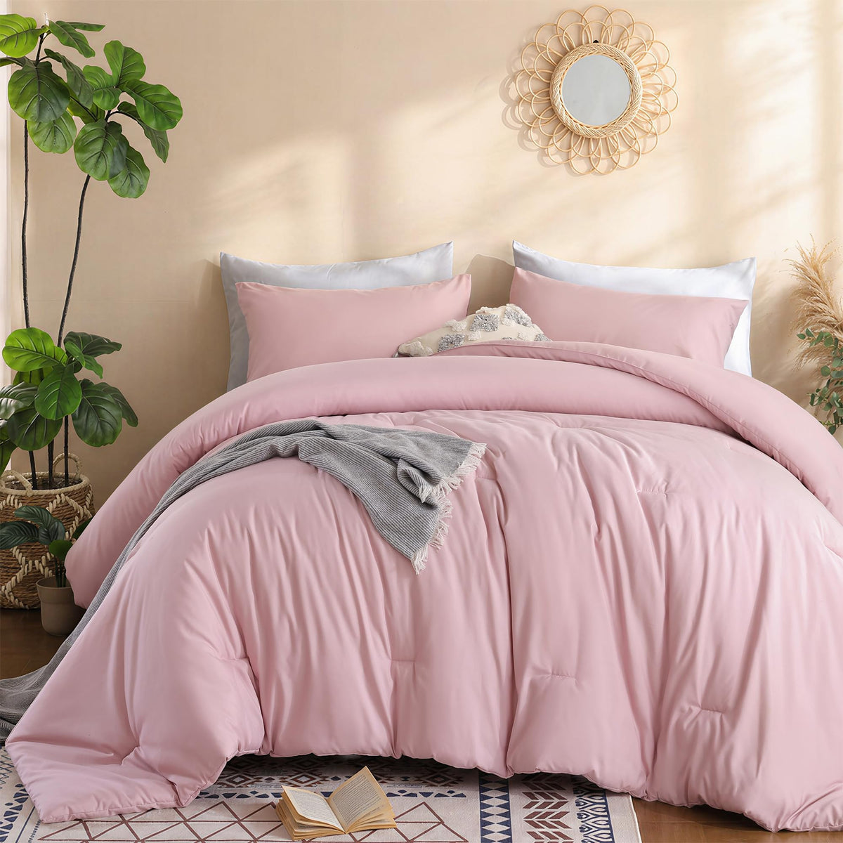 weigelia Pink Comforter Set Queen Size, All Season Lightweight Bedding Set
