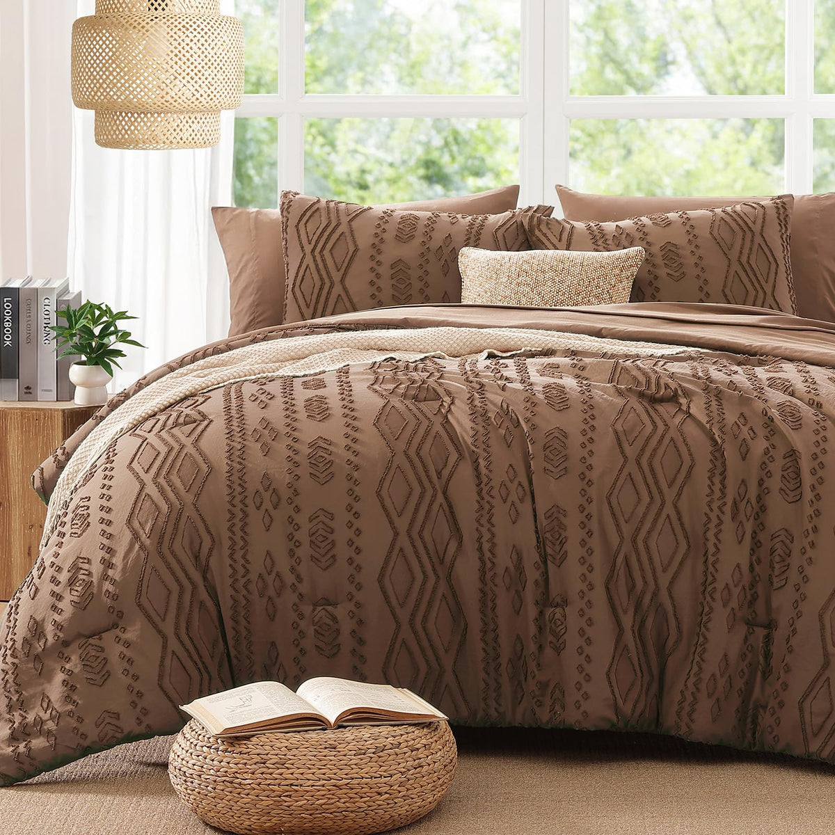 King Size Comforter Set Beige Tufted Boho Bedding Sets Farmhouse 7 Pieces