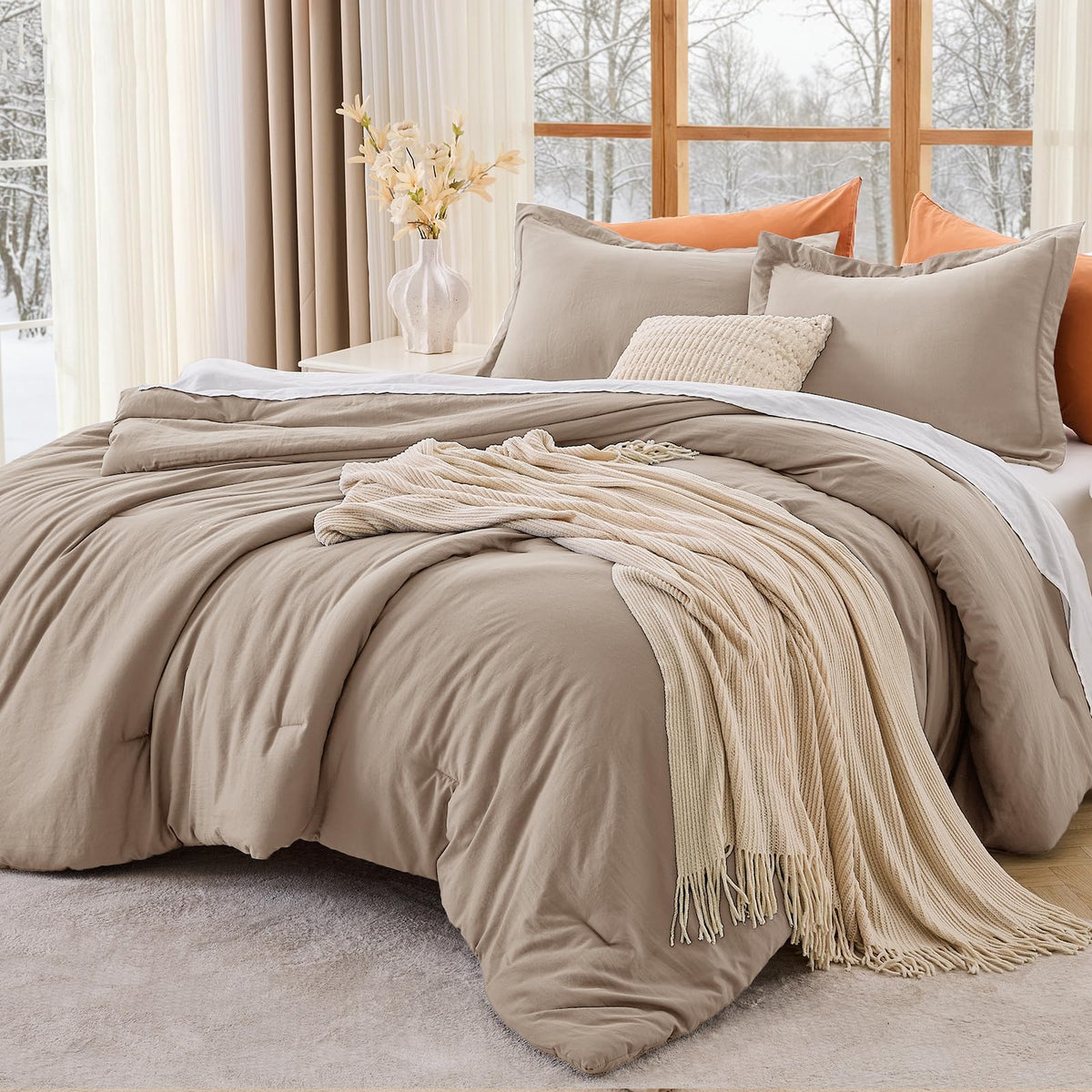 MUXHOMO Queen Size Comforter Set Beige, 3 Piece Solid Bedding for All Seasons, Warm Down Alternative Bed Set Includes 1 Lightweight Comforter (90"x90") and 2 Pillowshams (20"x26")