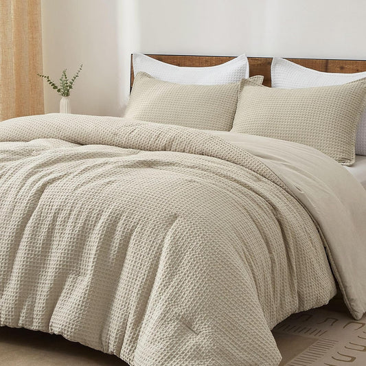 PHF Ultra Soft Waffle Comforter Set 3 Pieces Queen, Linen