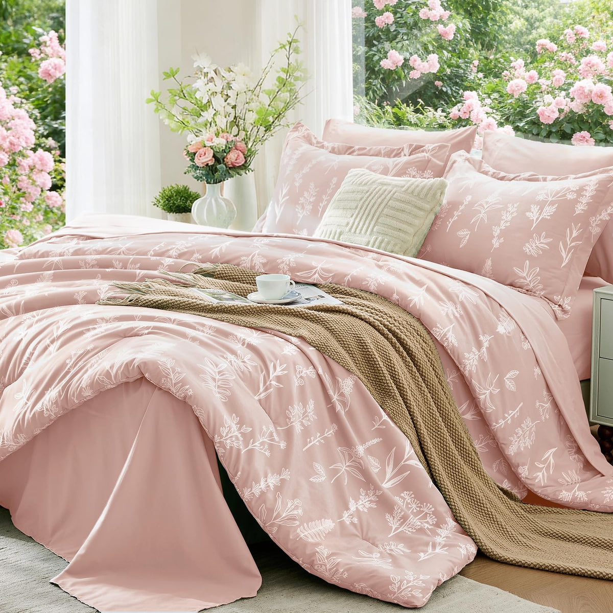 MUXHOMO Queen Comforter Set 7 Pieces, Sage Green Bed in a Bag Queen Reversible Botanical Flowers Design, Ultra Soft & Breathable Bedding Sets with Comforter, Sheets, Pillowcases & Shams