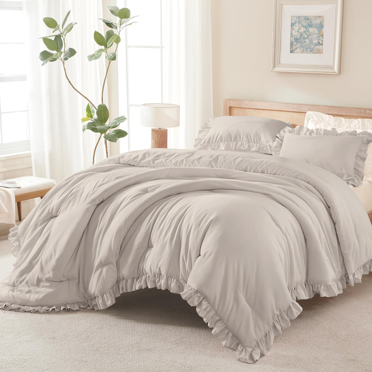 Andency White Comforter Set Queen Size, 3 Pieces Ruffle Farmhouse Bed Set