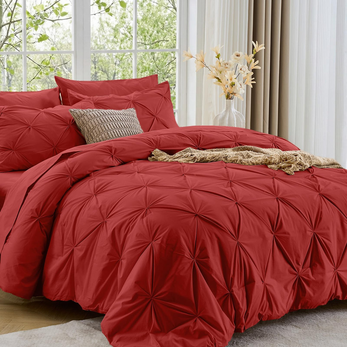 Sasttie Queen Comforter Set, 7-Piece Bed in a Bag, Pintuck Bedding Sets for All Season, Includes Comforter, Flat Sheet, Fitted Sheet, Pillowcases and Pillowshams, Beige