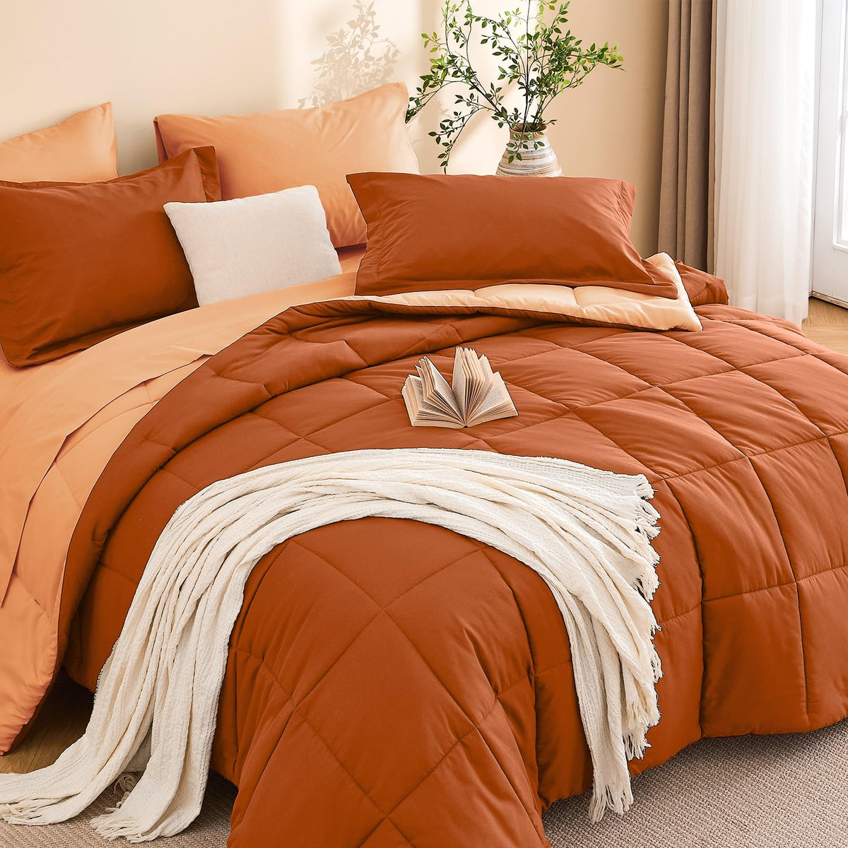 MUXHOMO Queen Comforter Set with Sheets Brown - 7 Pieces Bed in a Bag