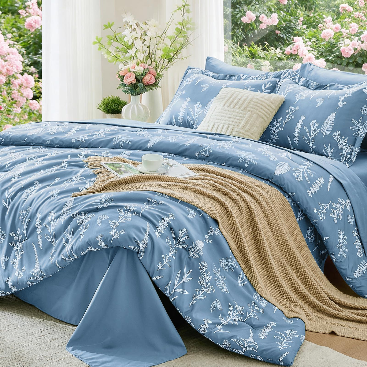 MUXHOMO Queen Comforter Set 7 Pieces, Sage Green Bed in a Bag Queen Reversible Botanical Flowers Design, Ultra Soft & Breathable Bedding Sets with Comforter, Sheets, Pillowcases & Shams