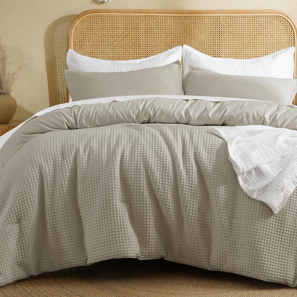 David's Home Textured Summer Waffle Weave Comforter Set, Queen, Linen