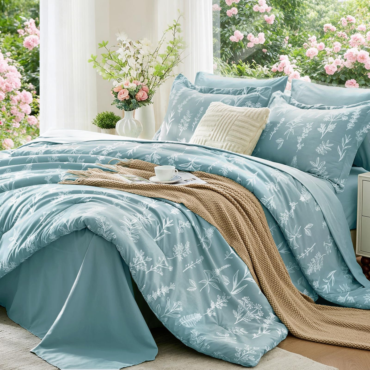 MUXHOMO Queen Comforter Set 7 Pieces, Sage Green Bed in a Bag Queen Reversible Botanical Flowers Design, Ultra Soft & Breathable Bedding Sets with Comforter, Sheets, Pillowcases & Shams