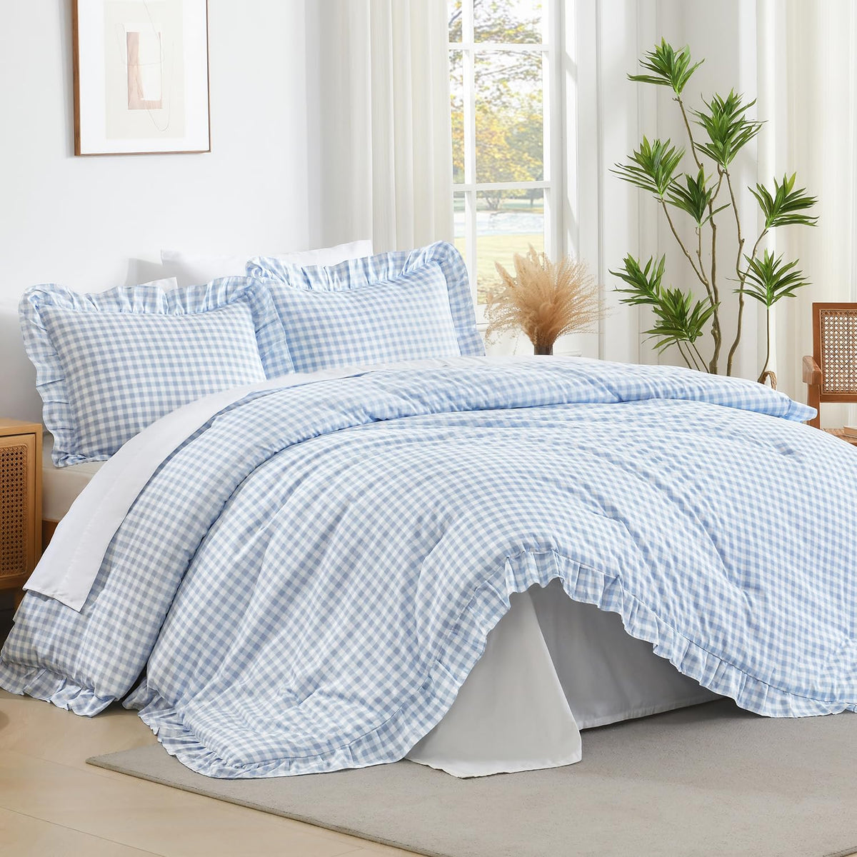 Andency White Comforter Set Queen Size, 3 Pieces Ruffle Farmhouse Bed Set