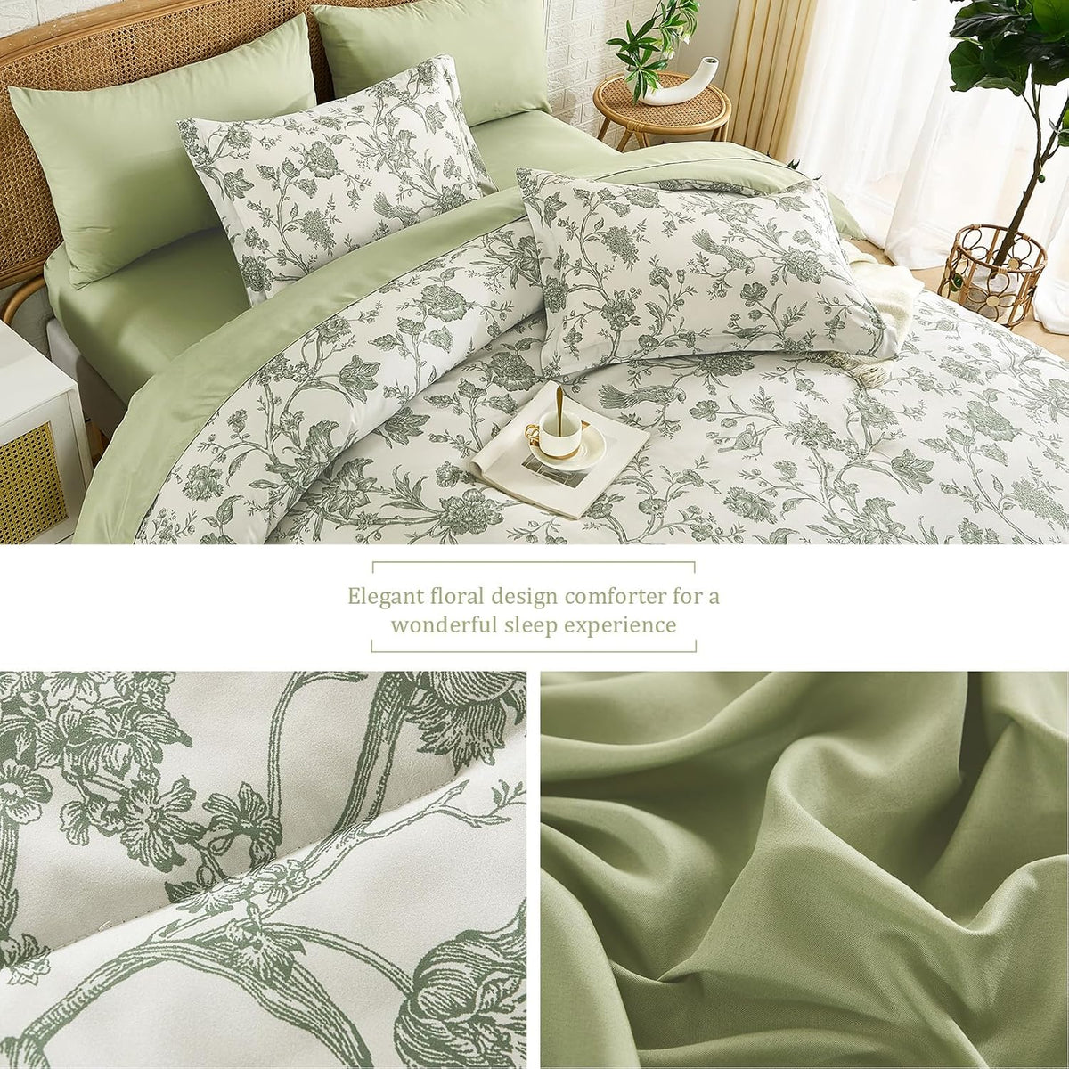 Luxudecor Sage Green Floral Queen Comforter Set, 7 Pieces Bed in a Bag