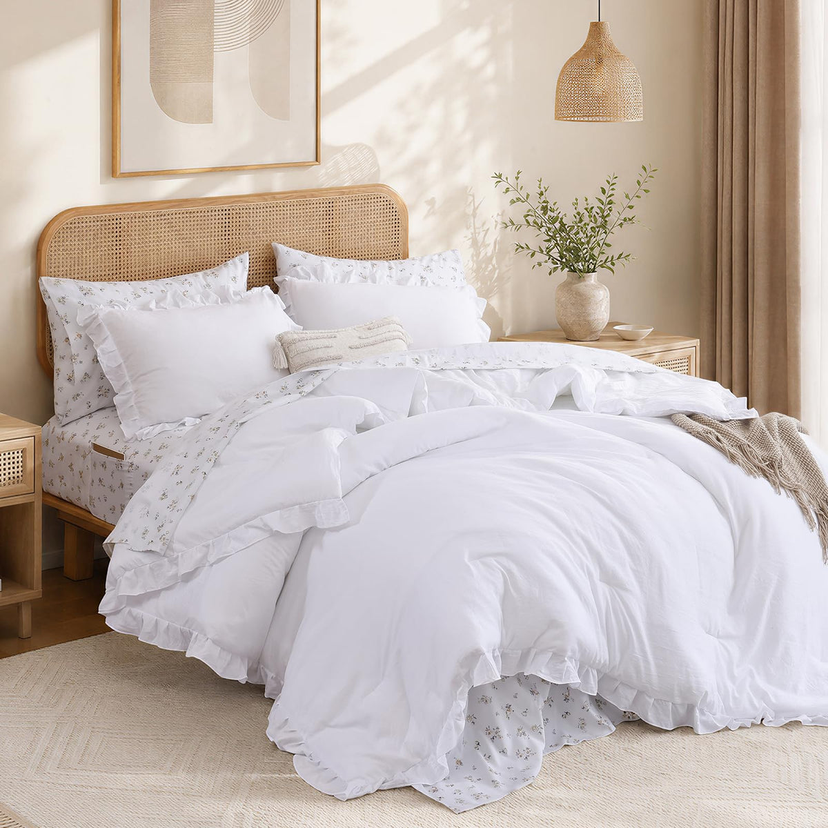 JANZAA Ruffle Queen Comforter Set with Floral Sheets 7 Pieces Cream White