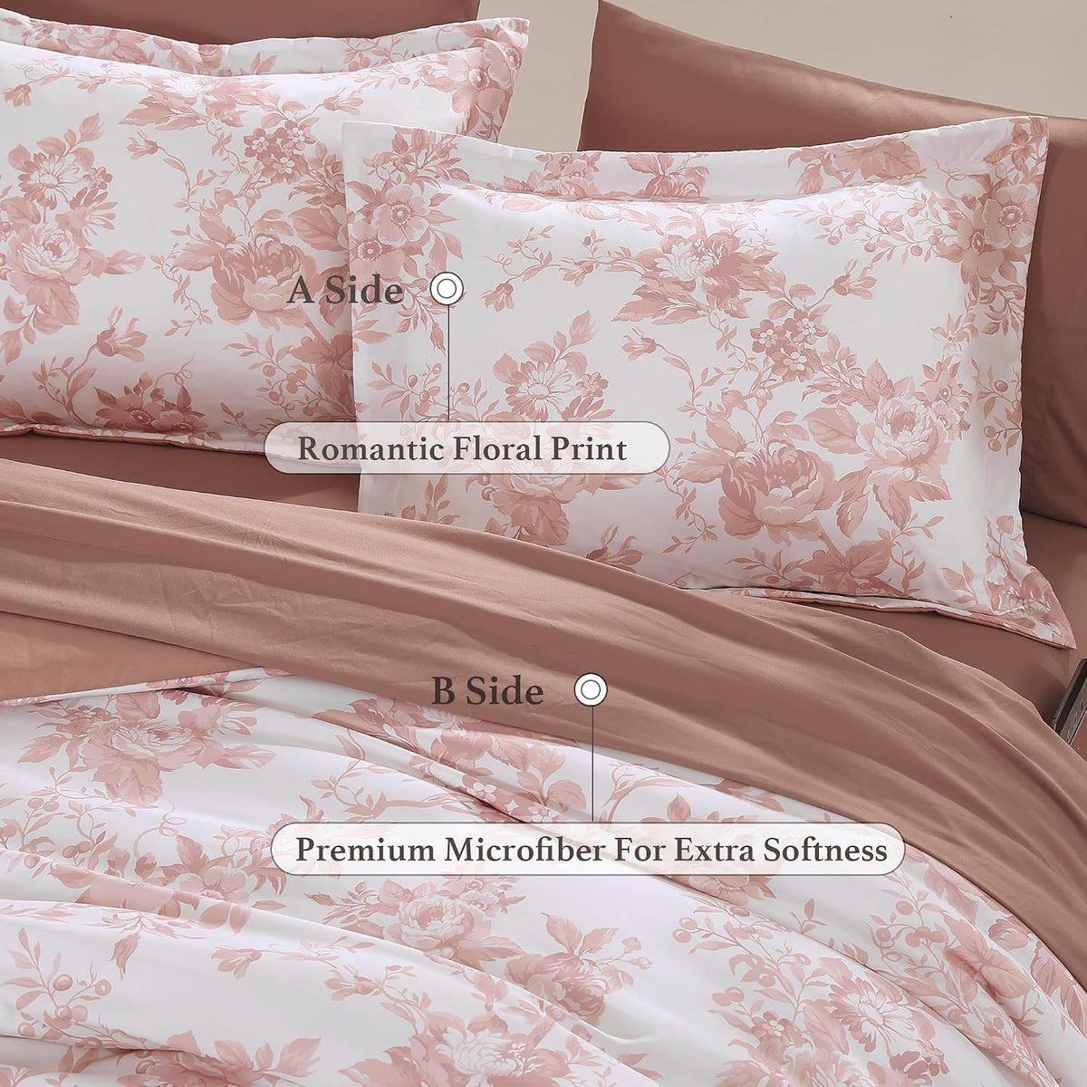 BLOOMHAVEN Full Size Comforter Sets-7 Pieces Rose Floral Bed in a Bag
