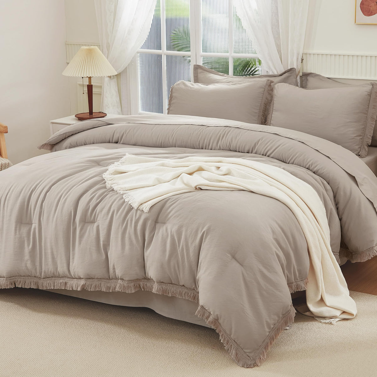Andency King Comforter Set, 7 Pieces Beige Bedding
