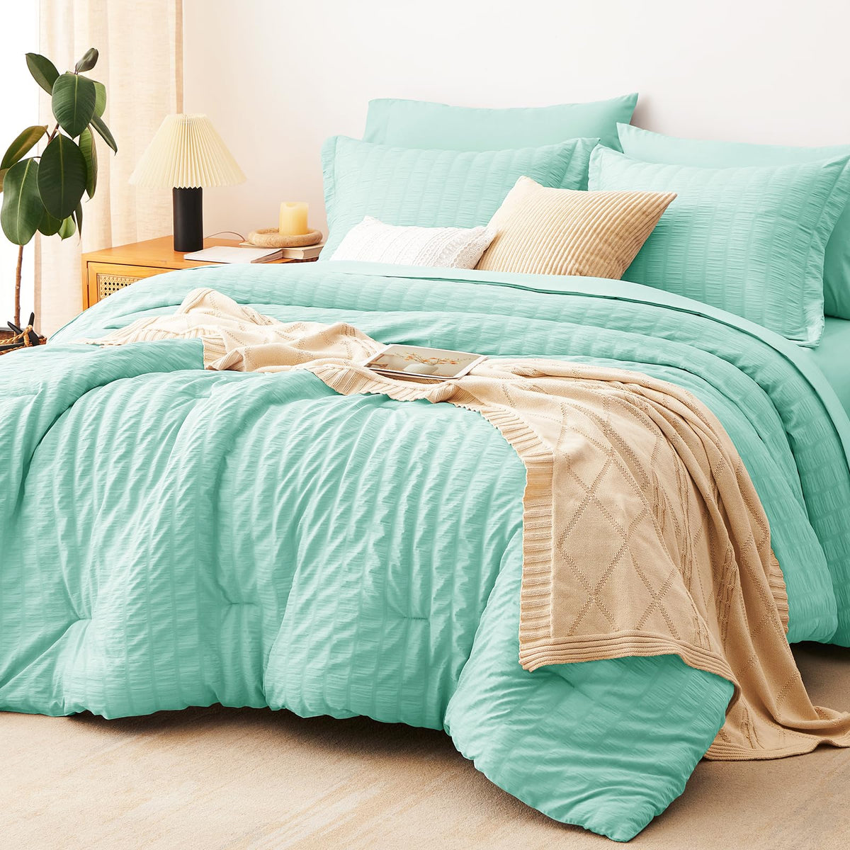 CozyLux Queen Comforter Set, 7 Pieces White Seersucker Bed in a Bag