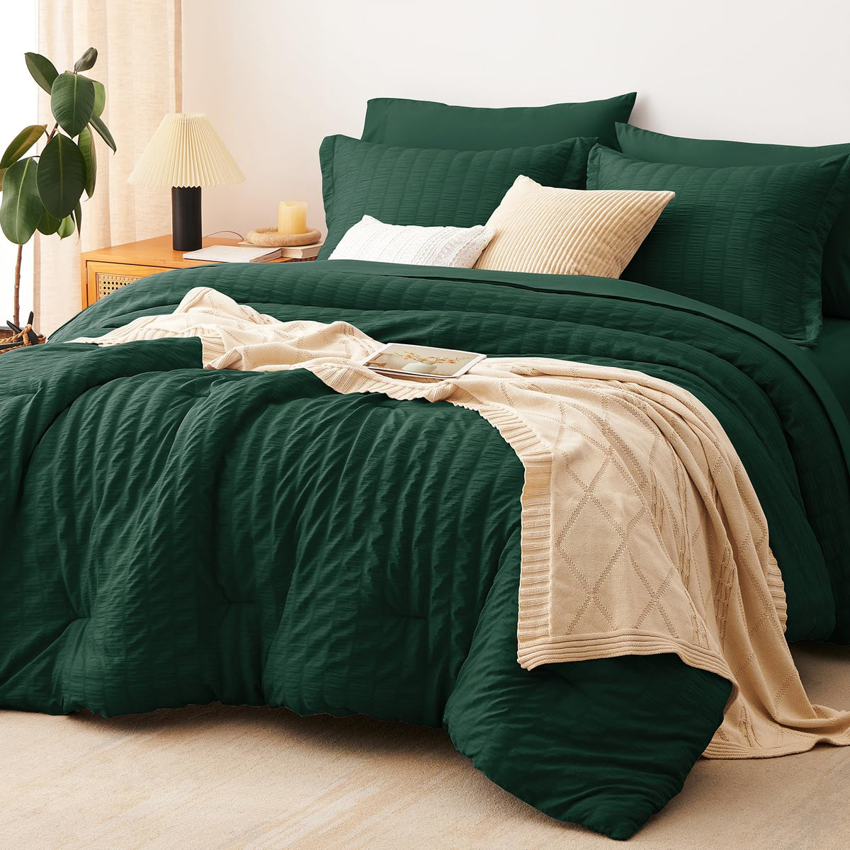 CozyLux Queen Comforter Set, 7 Pieces White Seersucker Bed in a Bag