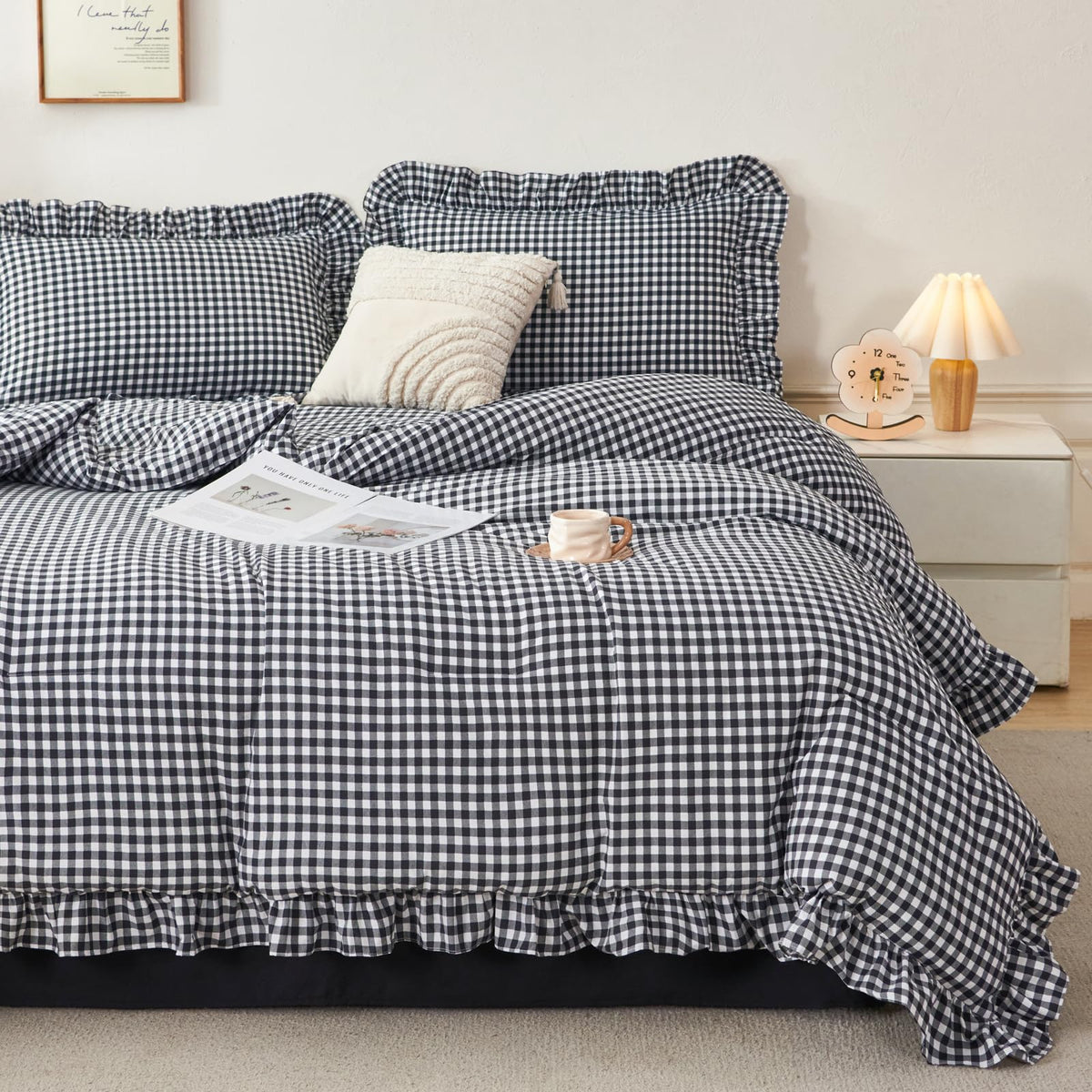 RYNGHIPY Yellow Gingham Comforter Set 5 Pcs Plaid Ruffle Full Bed in a Bag
