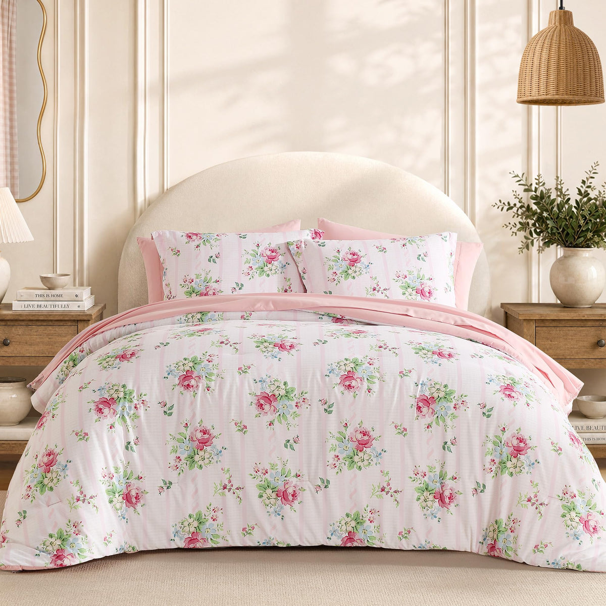 BLOOMHAVEN Full Size Comforter Sets-7 Pieces Rose Floral Bed in a Bag