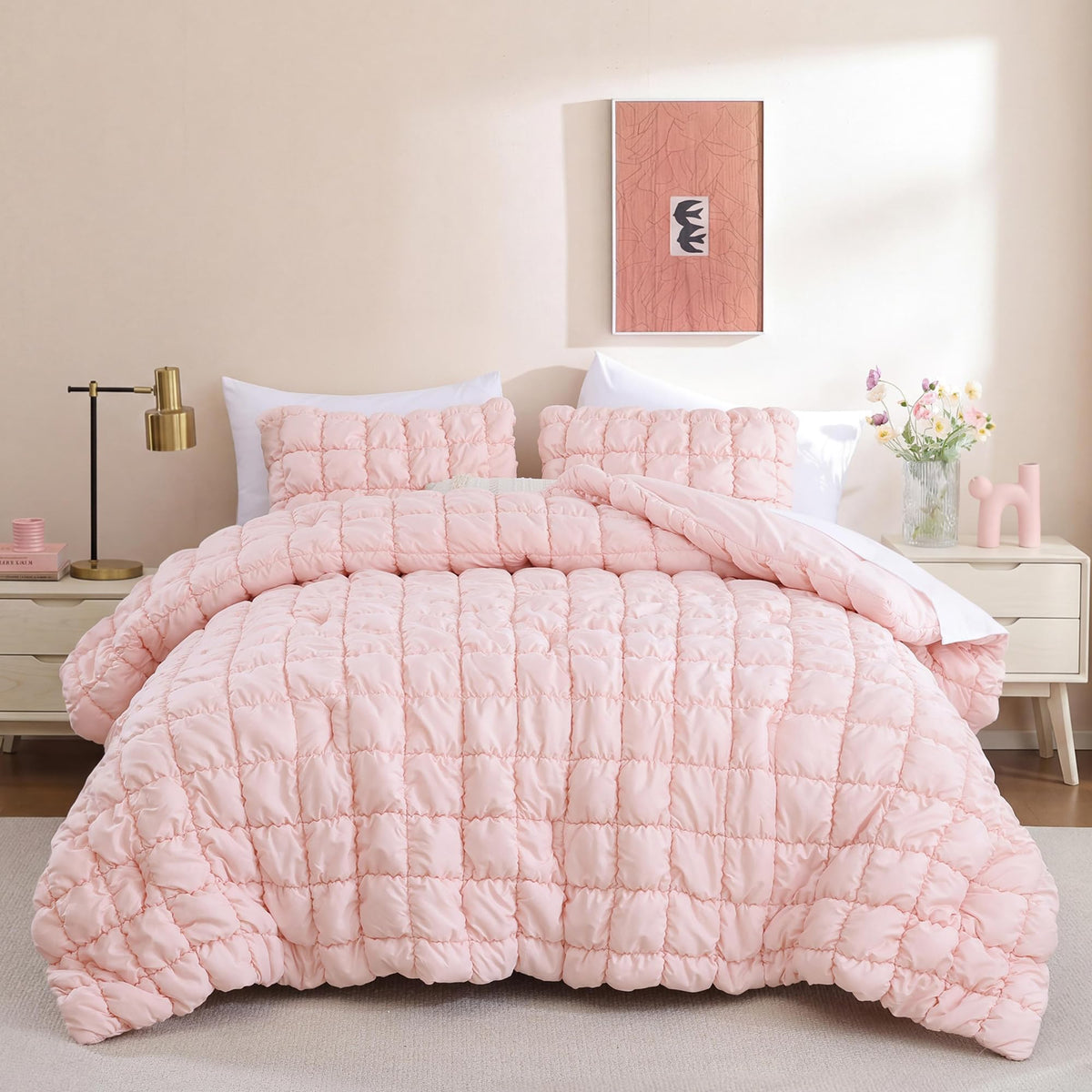 JANZAA Blush Pink Comforter Set Queen, Ruffle Soft Bedding