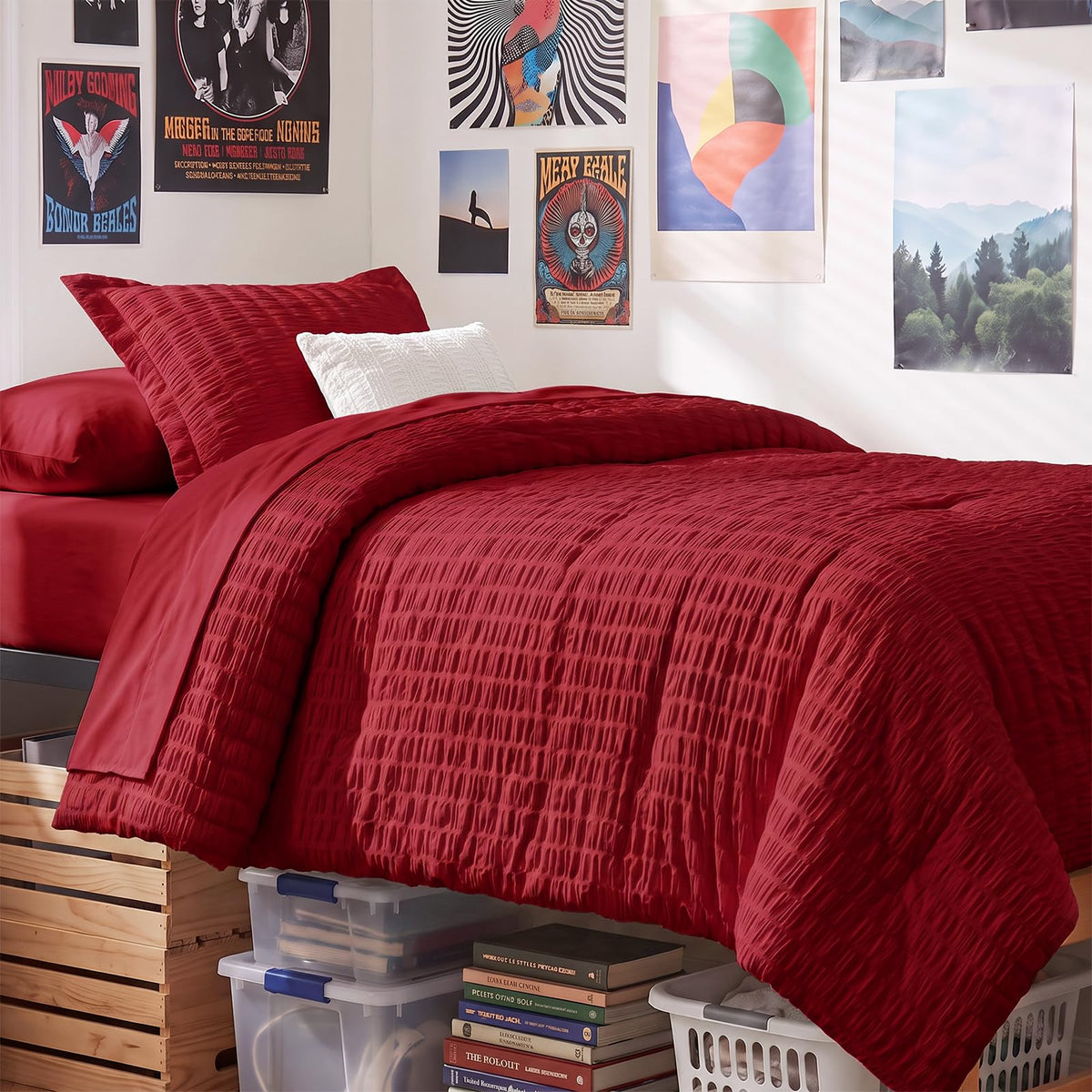 CozyLux Queen Comforter Set, 7 Pieces White Seersucker Bed in a Bag
