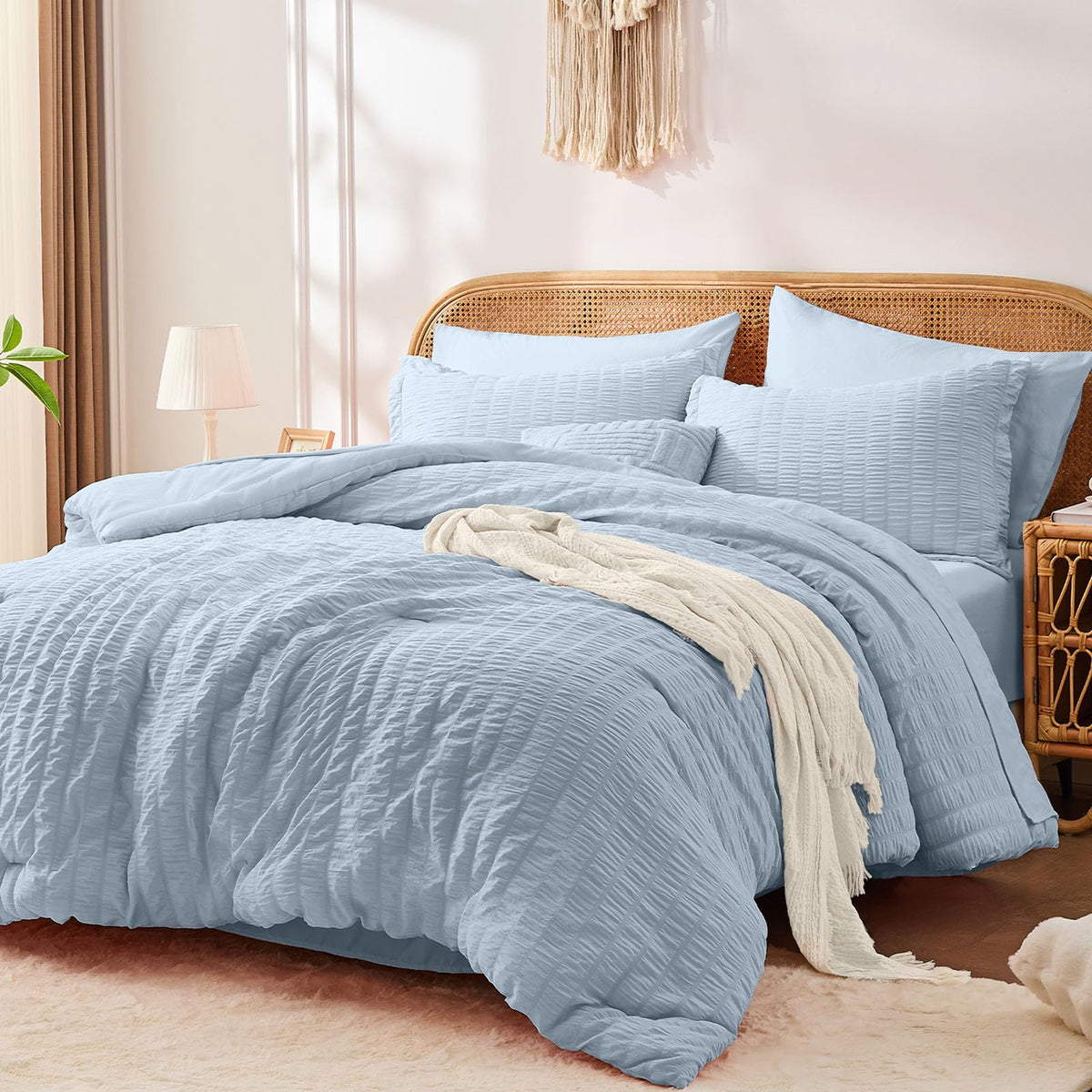 FUANNA Queen Comforter Set 7 Pieces, Pink Bed Set, Seersucker Bed in a Bag