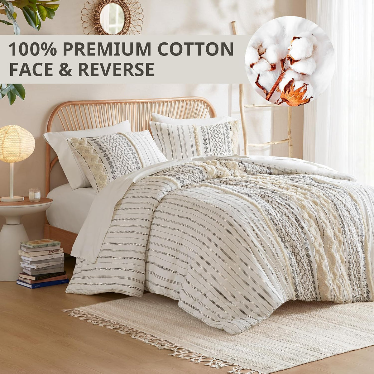 INK+IVY King Comforter Set, Boho Comforters, Breathable Cotton Bed Set, All Season Modern Chenille Tufted Comforter with Farmhouse Bedding Flare, Gifts for Women, Ivory 3 Piece