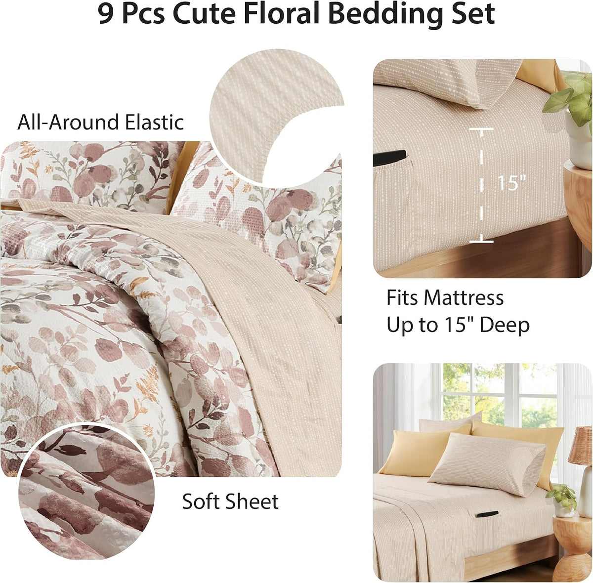 Lightweight Seersucker Botanical Comforter Set Queen Size, 9 Pieces Reversible Design Bed in A Bag Set, Premium Microfiber Bedding Set, Brown