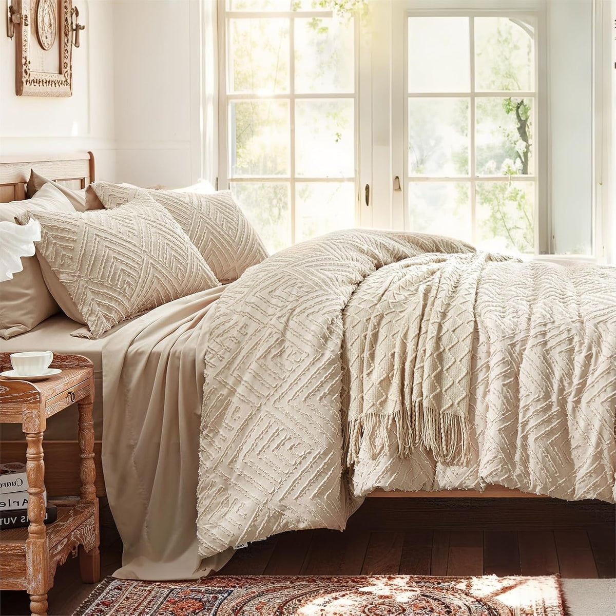 Zzlpp Queen Comforter Set 7 Piece, Beige Bed in a Bag Queen Bedding Sets