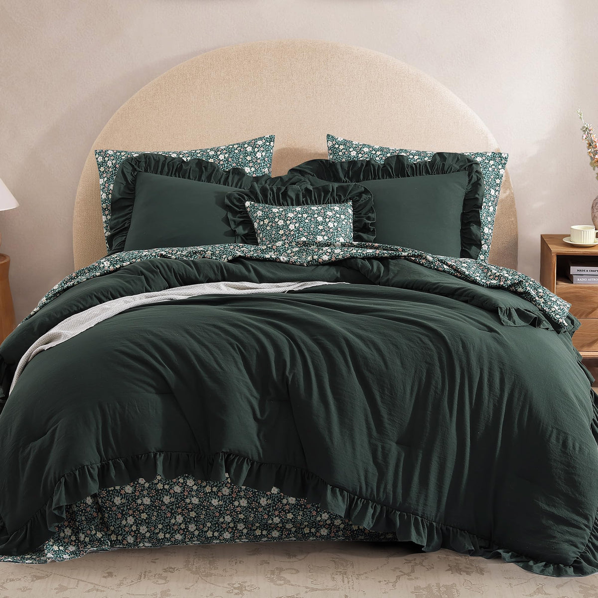 BLOOMHAVEN Queen Comforter Set-7 Pieces Ruffle Bedding with Floral Sheet