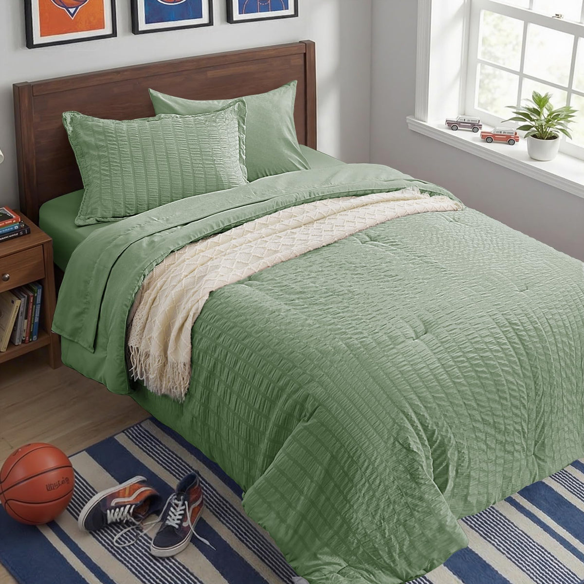 Twin Comforter Set 5 Piece, Olive Green Bed in a Bag Twin Size Bedding Sets