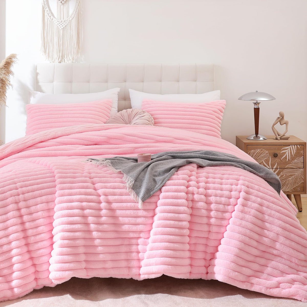 Smoofy Fluffy Queen Size Comforter 3 PCS - Tie Dye Grey Fleece Bedding Set