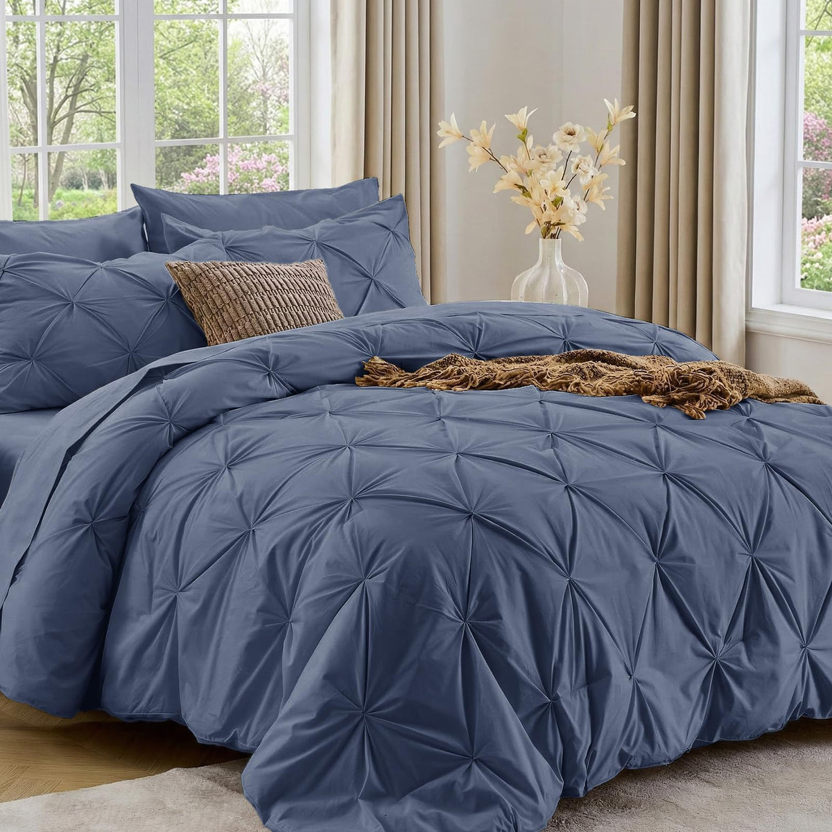 Sasttie Queen Comforter Set, 7-Piece Bed in a Bag, Pintuck Bedding Sets for All Season, Includes Comforter, Flat Sheet, Fitted Sheet, Pillowcases and Pillowshams, Beige