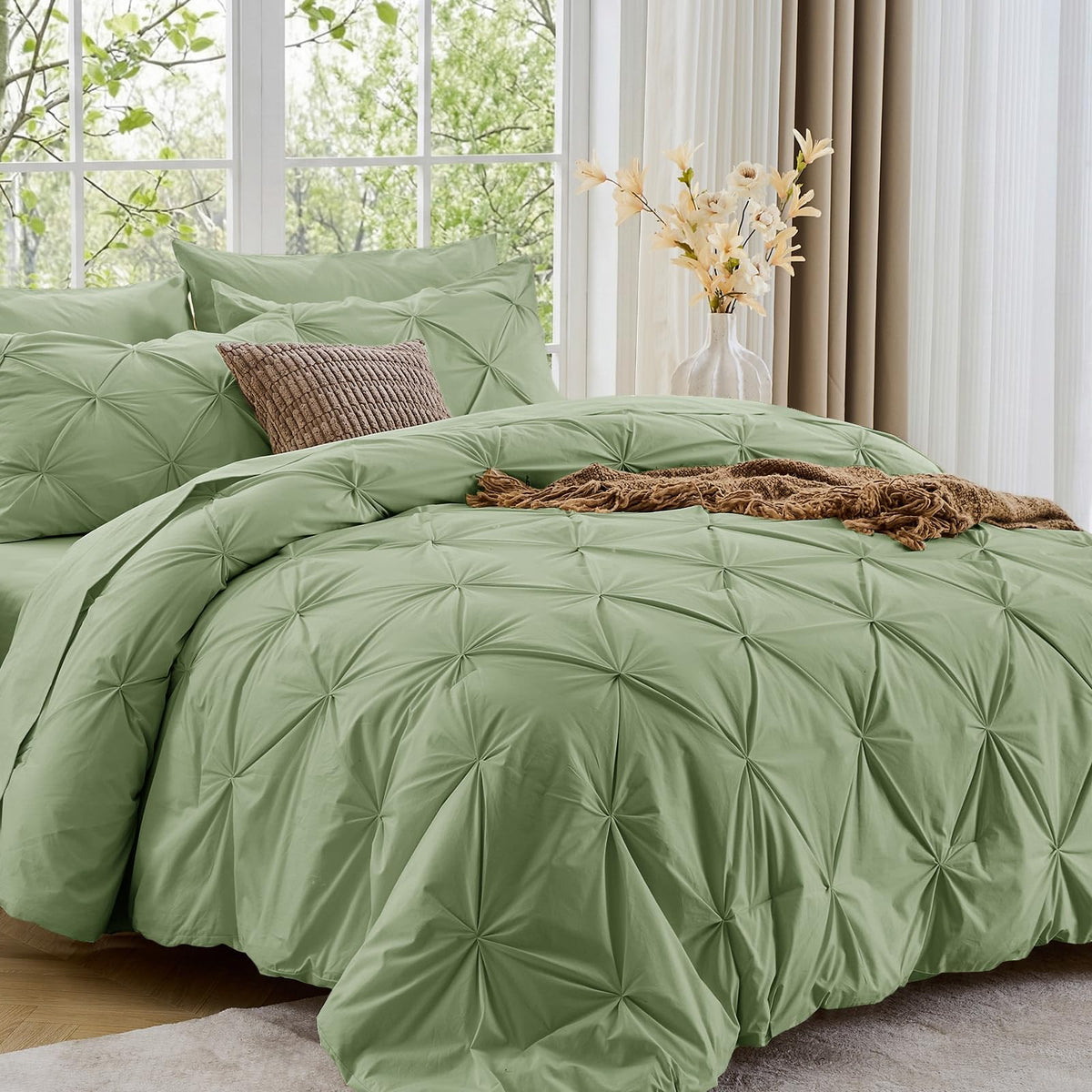 Sasttie Queen Comforter Set, 7-Piece Bed in a Bag, Pintuck Bedding Sets for All Season, Includes Comforter, Flat Sheet, Fitted Sheet, Pillowcases and Pillowshams, Beige