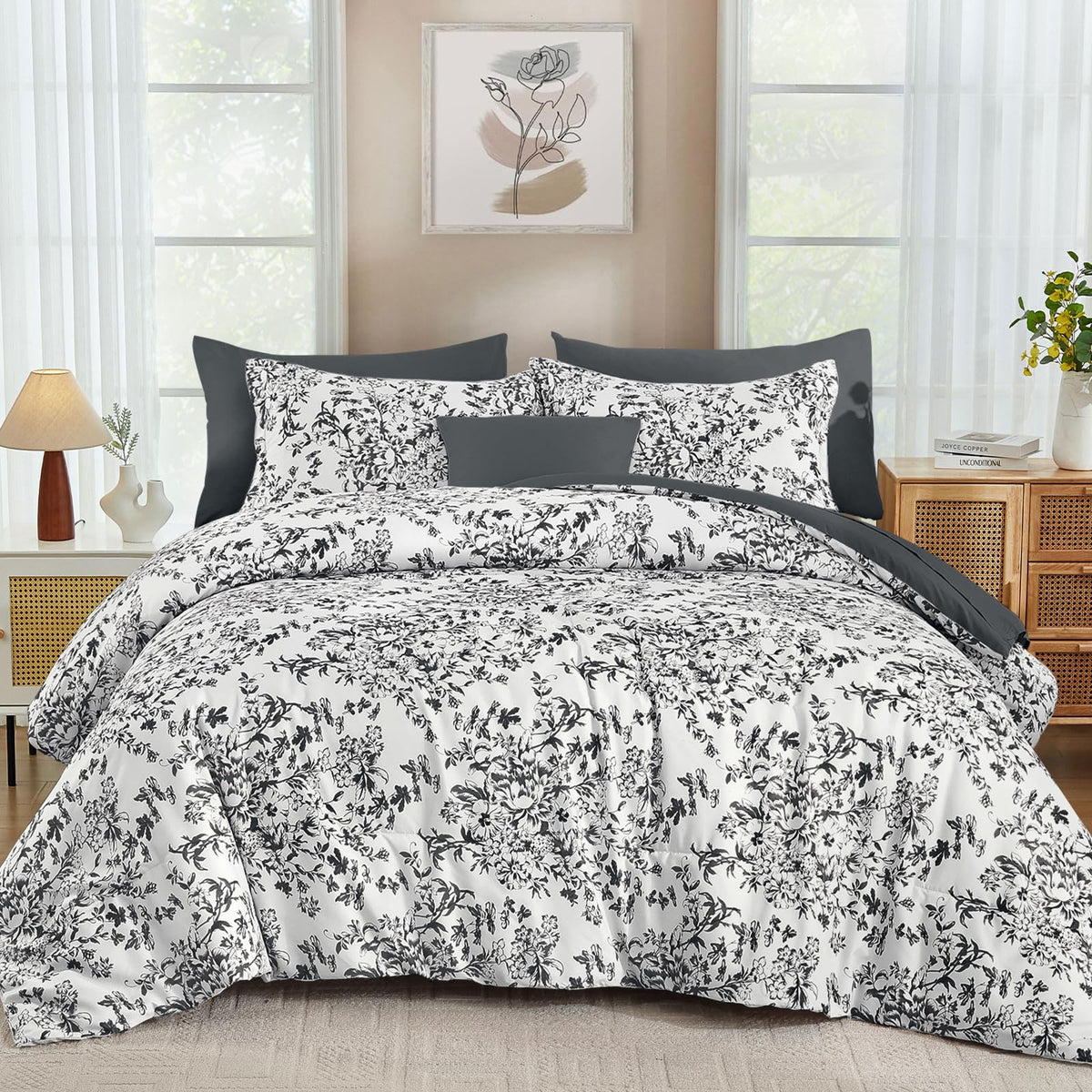 WONGS BEDDING 8 Pieces King Size Comforter Set Green,Sage Green Floral Bed in a Bag Comforter Sets, Soft Reversible Botanical Flowers Bedding Sets for All Season (90"x104")