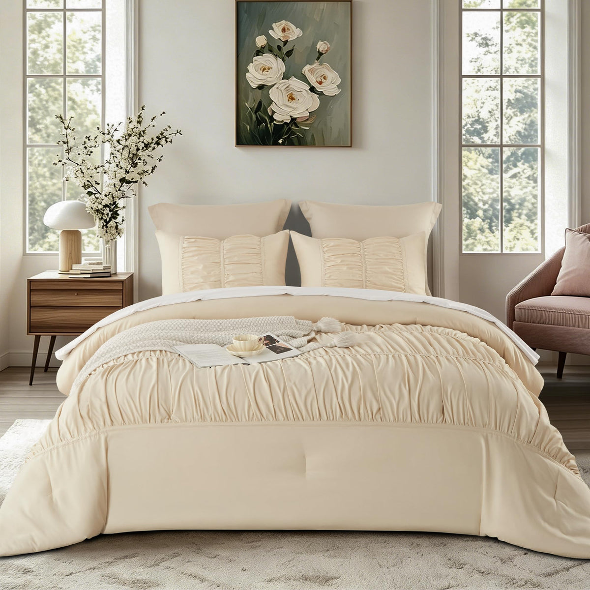 Cupocupa Blush Pink Comforter Set Queen, 3Pcs Comforters Queen Size Ruffle Farmhouse Bedding Sets Queen with Comforter, Lightweight Soft Shabby Chic Bedding Comforter Set Fluffy for All Season